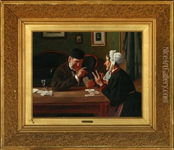 Interior With A Man And A Woman Paying Cards Oil Painting - Carl Carlsen