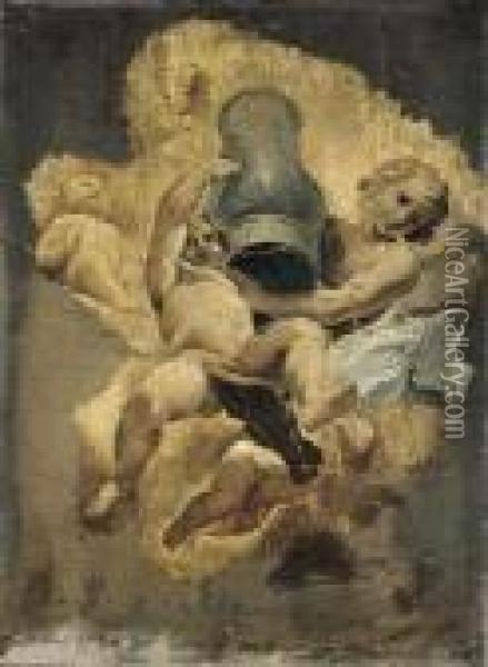 Due Cherubini In Volo Oil Painting - Jacques Courtois Le Bourguignon