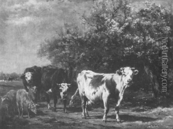 Landscape With Cattle And Sheep Oil Painting - Marie Dieterle