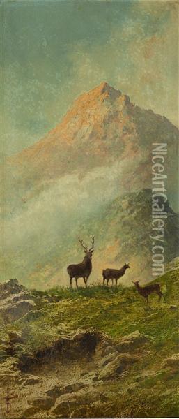 Montagne Innevate Con Cervi Oil Painting - Giacinto Bo