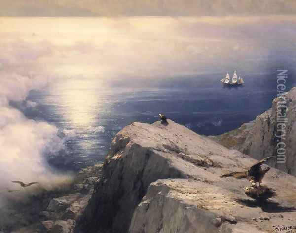 A Rocky Coastal Landscape in the Aegean with Ships in the Distance (detail) Oil Painting - Ivan Konstantinovich Aivazovsky