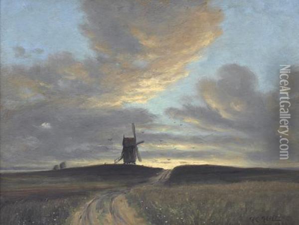 Landschaft Mit Windmuhle. Oil Painting - Hans Hilsoe