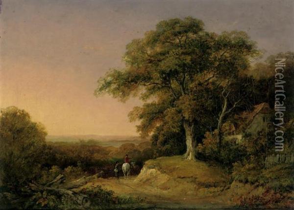 A Wooded Landscape With Travellers On A Track Beside A Cottage Oil Painting - Patrick, Peter Nasmyth