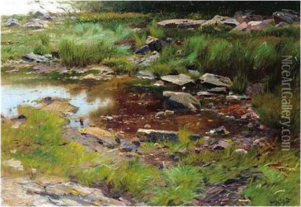 Gergerfelt , River Landscape, Signed, Oil On Canvas, 55 X 79 Cm.; 21 1/2 X 31 In Oil Painting - Wilhelm von Gegerfelt
