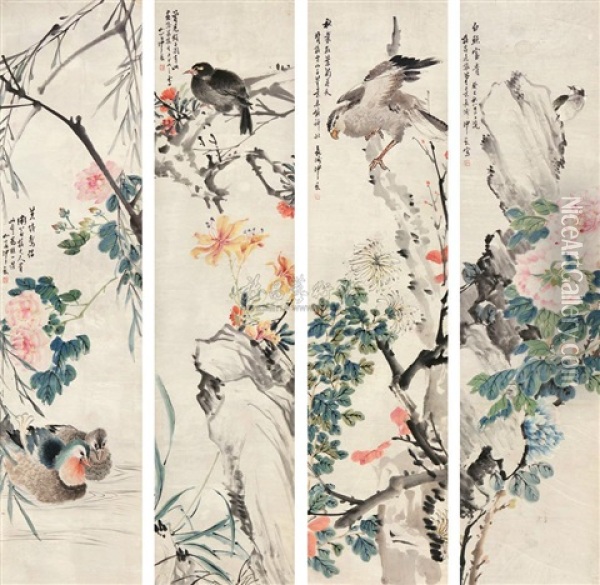 Bird And Flowers (4 Works) Oil Painting -  Sha Fu