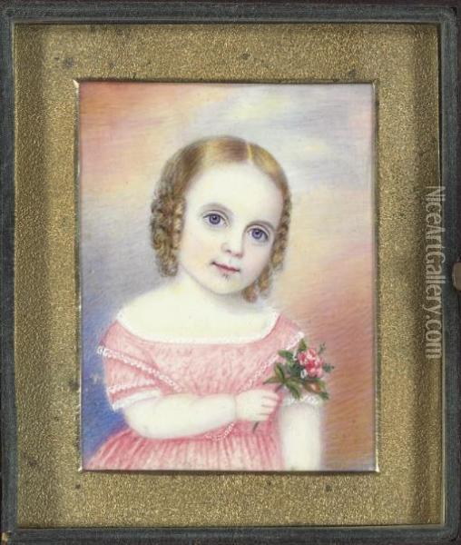 A Miniature Portrait Of A Young Girl In Pink Holding A Spray Of Pinks Oil Painting - Moses B. Russell