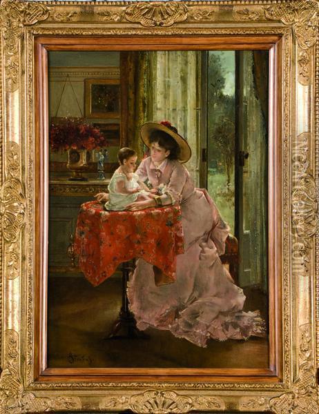Jeune Mere Et Son Enfant Dans Un Interieur Oil Painting - Alfred Stevens
