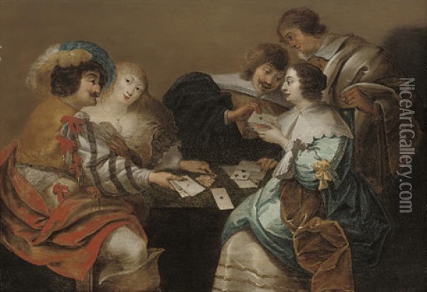 Elegant Company Playing Cards In An Interior Oil Painting - Theodoor Rombouts