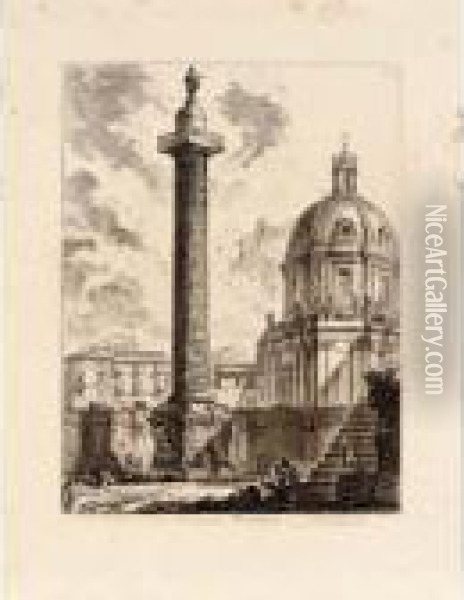 A View Of Trajan's Column With Several Figures In The Foreground Oil Painting - Giovanni Battista Piranesi