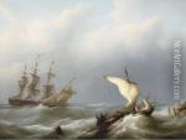 Dutch Shipping Offshore In A Heavy Swell, The Merchantman Flying Her Identification Oil Painting - Martinus Schouman