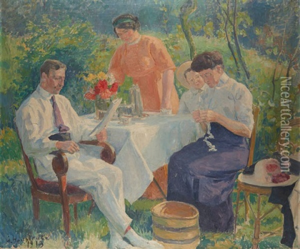 Le Roi Albert Lisant Son Journal En Famille Oil Painting - Gaston Haustrate