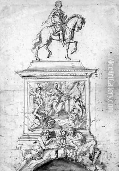 An Admiral on horseback on a pedestal decorated with reliefs and river gods Oil Painting - Flemish School