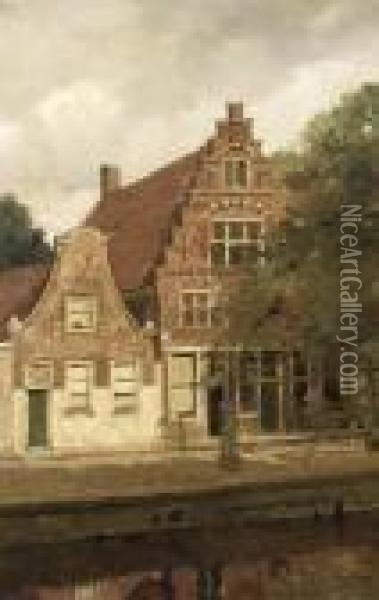 Houses Along A Canal - A Study Oil Painting - Johannes Christiaan Karel Klinkenberg