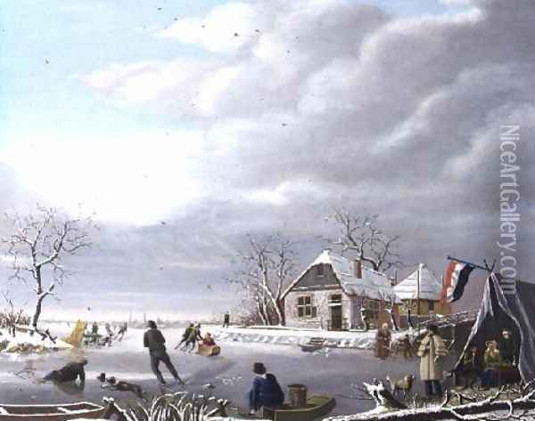 Skaters in a Winter Landscape Oil Painting - Jan Gerardus Casteelen