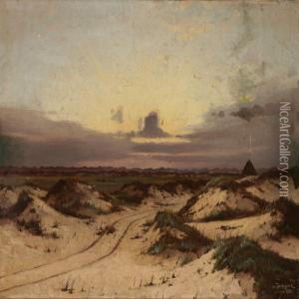 Sunset At Blavand,denmark Oil Painting - Oscar Herschend