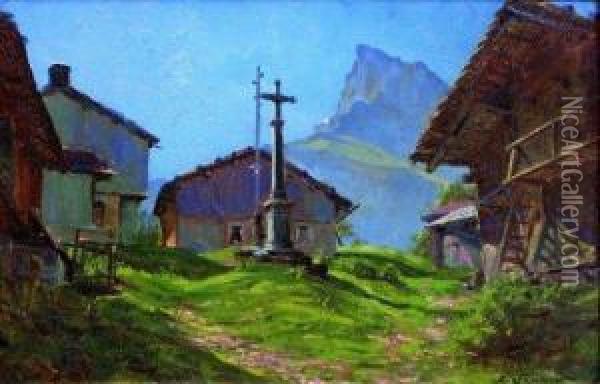 Le Calvaire A Maison Neuve-sixt (hte Savoie). La Pointe A Sables Oil Painting - Albert E. Sardin