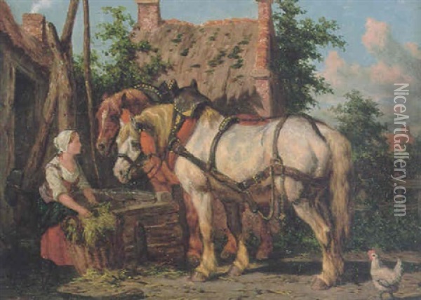 Feeding The Horses Oil Painting - Willem Jacobus Boogaard
