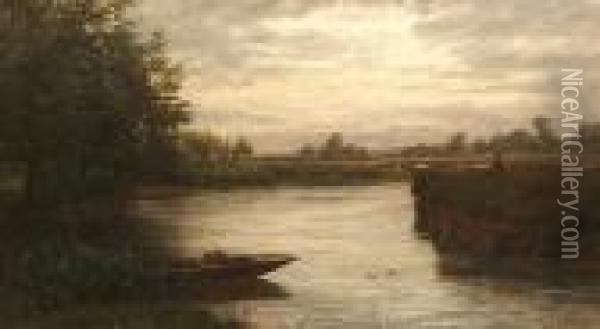 A Figure Fishing By A River. Oil Painting - Walter Field