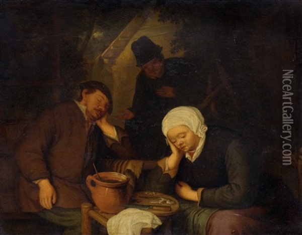 Interior With People Sleeping At A Table Oil Painting - Adriaen Jansz van Ostade