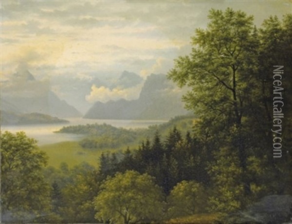 Bords De Lac, Probablement Le Lac De Lucerne Oil Painting - Lancelot Theodore Turpin De Crisse