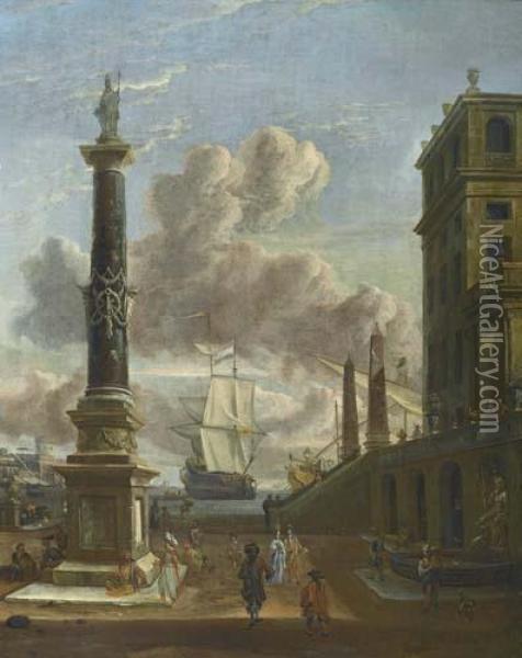 Mediterranean Harbour. Oil Painting - Abraham Storck