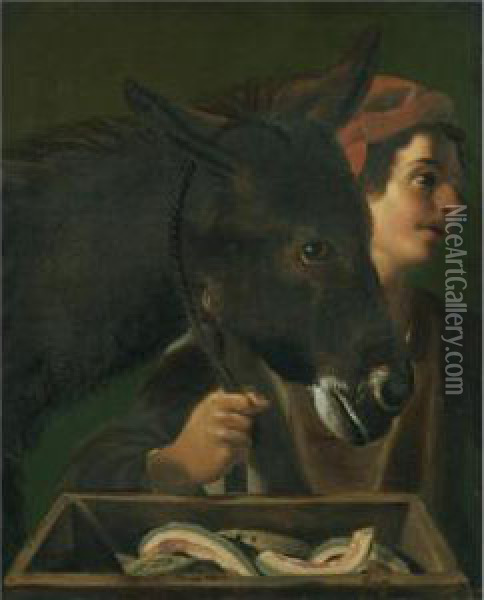 A Young Man And His Donkey Oil Painting - Michelangelo Cerqouzzi