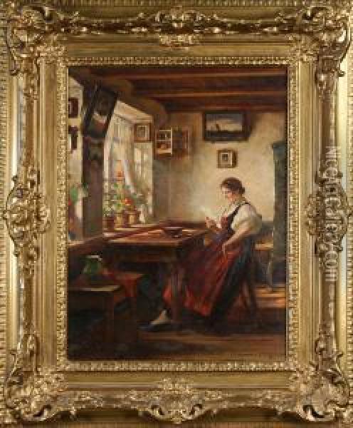 Interior Med Kvinna Som Laser Brev Oil Painting - Carl Kricheldorf