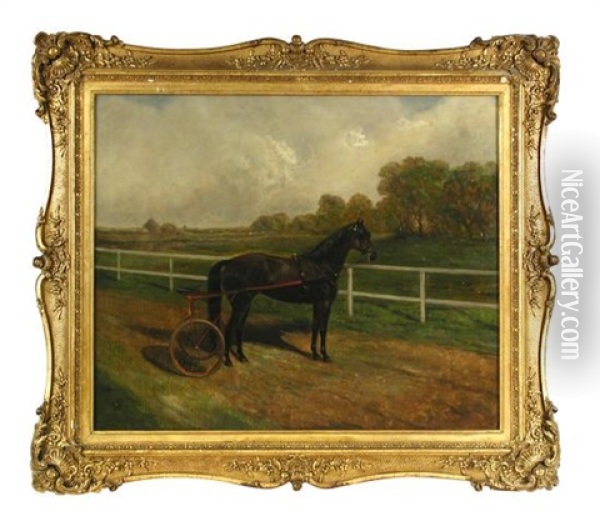 A Dark Bay Trotting Pony And Cart In A Landscape Oil Painting - Frederick Albert Clark