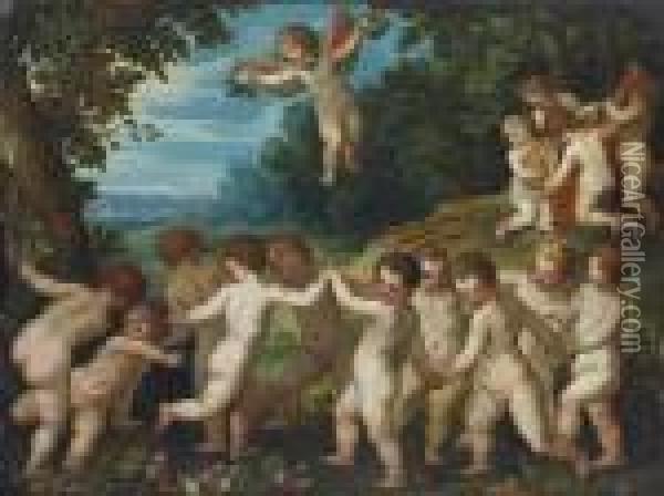 Putti Making Music And Dancing Oil Painting - Hans Rottenhammer