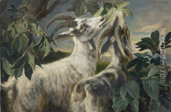 Zwei Ziegen, Die Blatter Fressen Oil Painting - Ludwig Adam Kunz