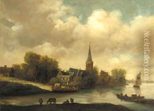 A village on a river with a ferry setting out Oil Painting - Salomon van Ruysdael