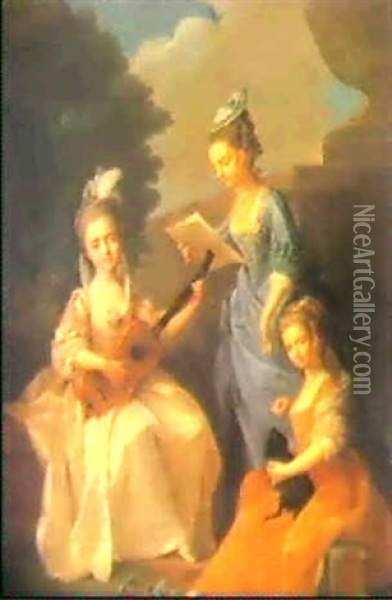 Portrait De Louise, Marguerite Et                           Catherine Roussel Dans Un Parc Oil Painting - Louis Michel van Loo