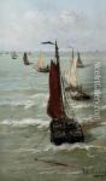Het Vertrek Der Visschersvloot: Departure Of The Fishing Fleet Oil Painting - Hendrik Willem Mesdag