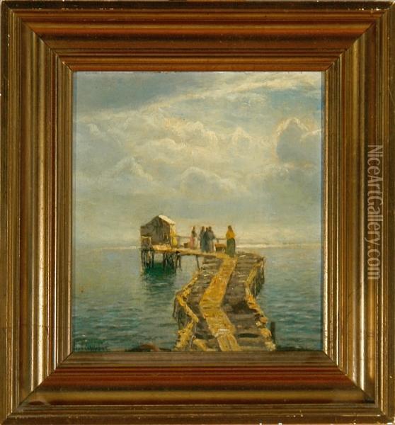 Lubbers: Women On A Bathing Jetty. Signed H. Lubbers Oil Painting - Holger Peter Svane Lubbers
