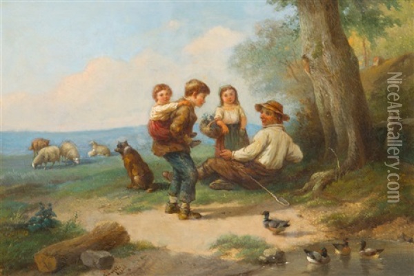 Hirte Mit Kindern Am Teichufer Oil Painting - Robert Tavelle