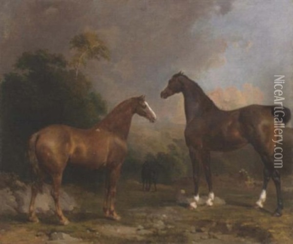 Horses In A Wooded Landscape Oil Painting - Thomas Mogford