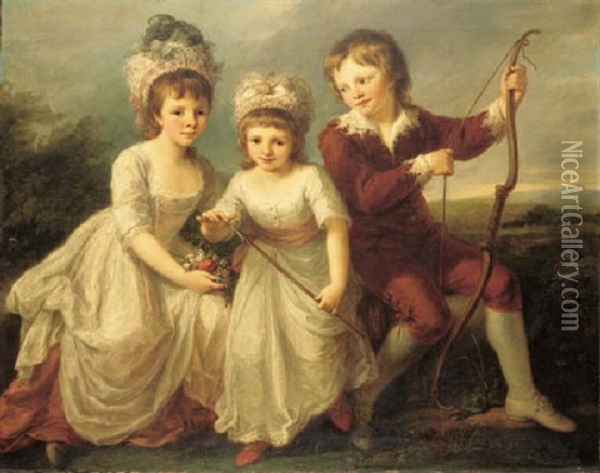 Group Portrait Of The Spencer Children In A Landscape Oil Painting - Angelika Kauffmann
