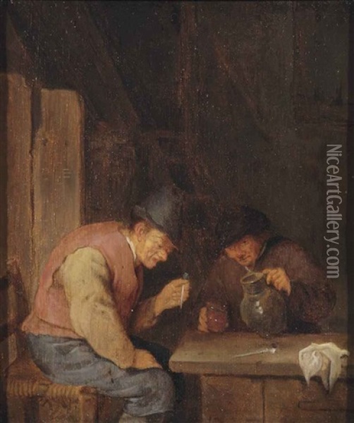 Two Peasants Smoking In An Interior Oil Painting - Cornelis Dusart