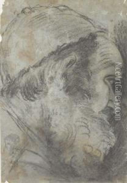 Head Of A Bearded Man In A Cap, 
In Profile To The Right, With Astudy Of Another Head In The Lower Left 
Corner Oil Painting - Giacomo Cavedone