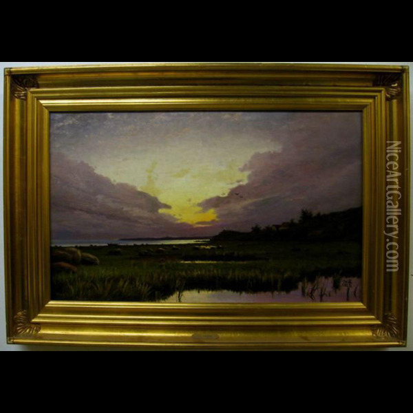 Sunset Over A Marsh Oil Painting - Oscar Herschend