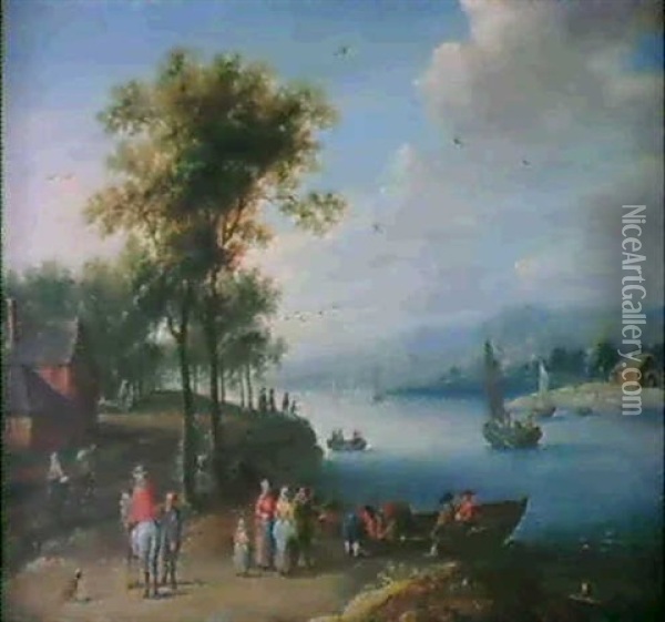 Bewaldete Flusslandschaft Mit Reisenden Und Booten Oil Painting - Balthasar Beschey