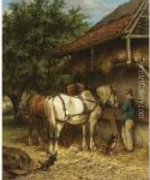 Two Horses By A Stable Oil Painting - Wouterus Verschuur
