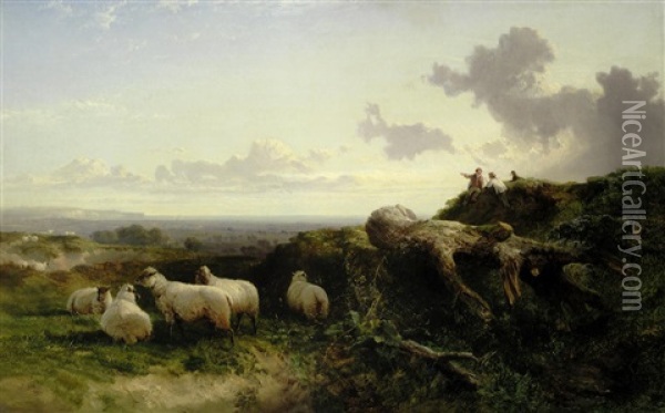 Sheep And Figures In A Coastal Landscaped Oil Painting - George Cole