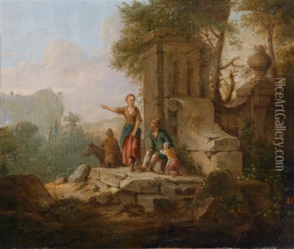 Landschaft Mit Romischen Monumenten Und Landlicher Staffage (+ Another; Pair) Oil Painting - Franz de Paula Ferg