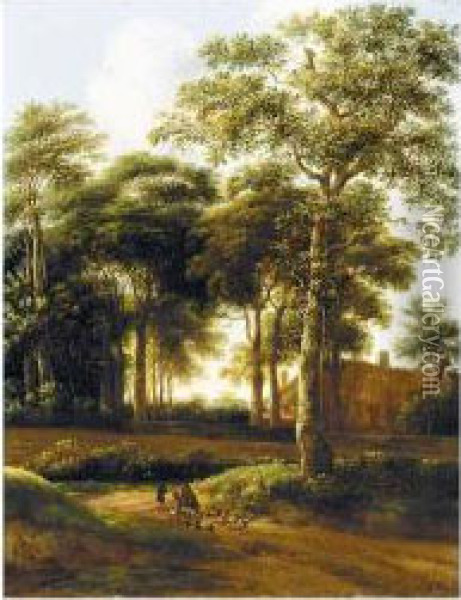 A Wooded Landscape With Drovers On A Track Oil Painting - Pieter Jansz. van Asch