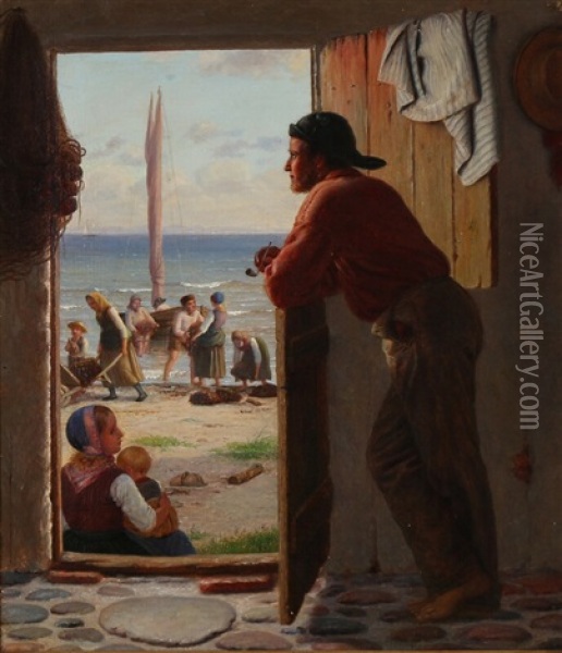 En Fiskerfamilie I Aalsgaarde Oil Painting - Julius Friedlaender