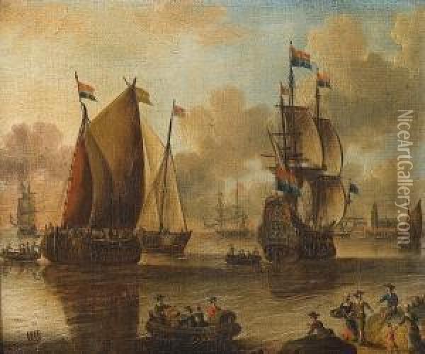 Shipping At Anchor Off A Harbour Town, Figures On The Shore In The Foreground Oil Painting - Pieter Van Den Velden
