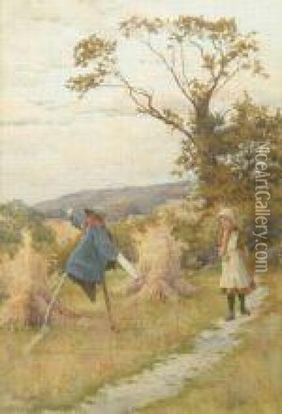 A Country Girlpaused On A Track Beside A Scarecrow Oil Painting - John Arthur Lomax