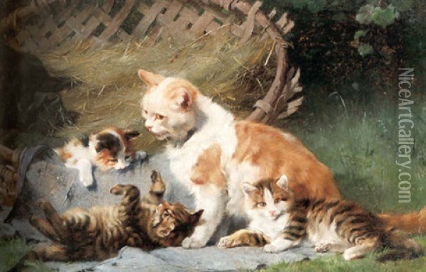 Katt Med Lekande Kattungar Vid Korg Oil Painting - Julius Adam the Younger