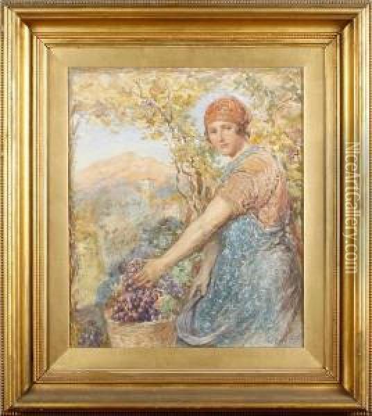 Study Of A Girl Picking Grapes Oil Painting - William Rainey